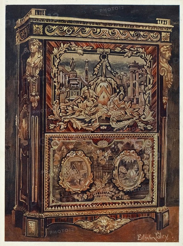 Furniture around the turn of the century 1900, Upright secretary with inlays in various woods, with cast, chased, and gilt bronze mounts (1910, 1911), Upright secrétaire inlaid in various woods, with cast, chased, and gilt bronze mounts (1910, 1911) .jpg