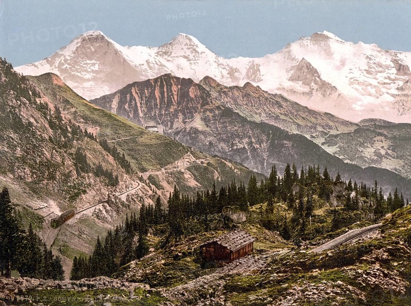 Schynige Platte, Eiger, Mönch und Jungfrau, Bernese Oberland, Switzerland, Historic, digitally restored reproduction from a 19th century original, Record date not stated, Monch and Jungfrau, Bernese Oberland, Switzerland, Historic, digitally restored reproduction from a 19th century original, Record date not stated, Europe
