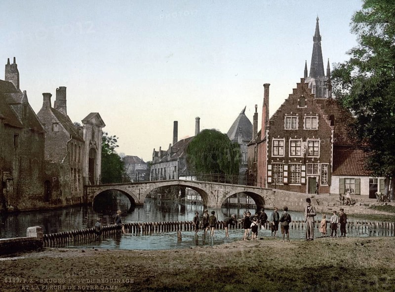 Monastery Bridge and the Tower of Notre Dame, Bruges, Belgium, ca 1895, Historical, digitally restored reproduction from a 19th century original, Record date not stated, Europe