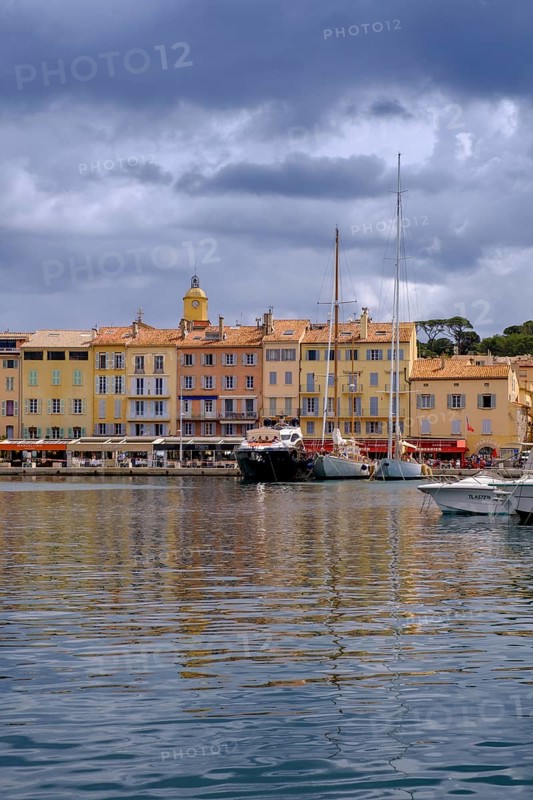 Dark clouds over the harbour of Saint Tropez, Var, French Riviera, Provence-Alpes-Cote d'Azur, Cote d Azur, France, Europe