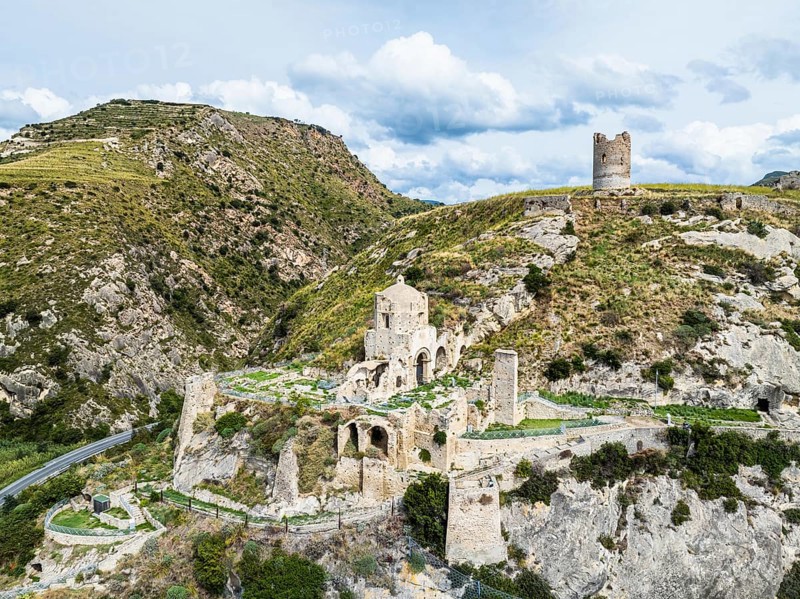 Ruins of the Church of Saint Francis of Assisi and Amantea Castle from a drone, Amantea, Tyrrhenian Sea, Calabria, Italy, Europe