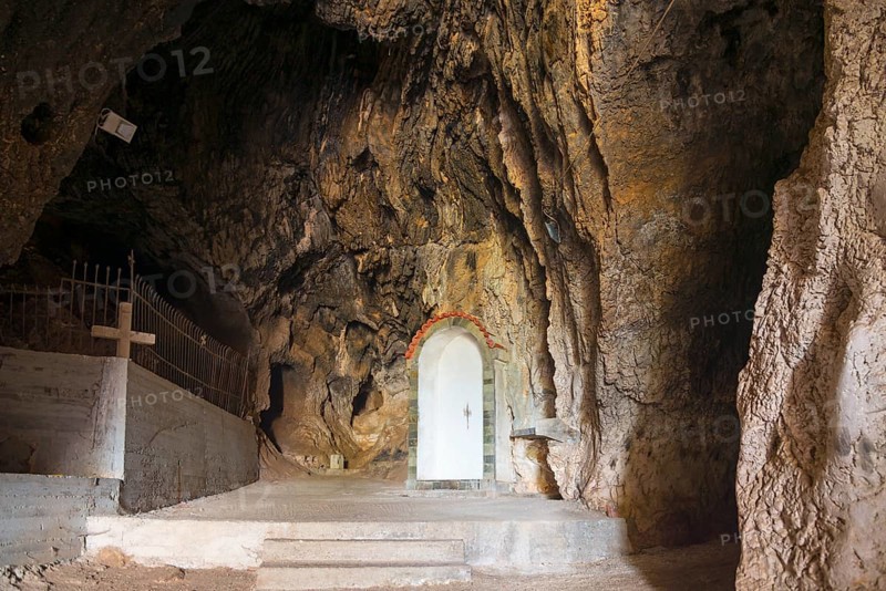 Entrance to cave with play of light, striking rock formation and steps, Church of Mary the Fountain of Life, Zoodochos Pigi, rock church, Kefalari, Argolis, Peloponnese, Greece, Europe