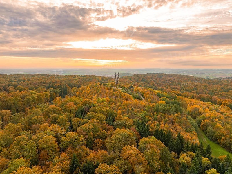 Sweeping view over autumn forest under a cloudy sky with horizon, Schönbuchturm, Herrenberg, Germany, Europe