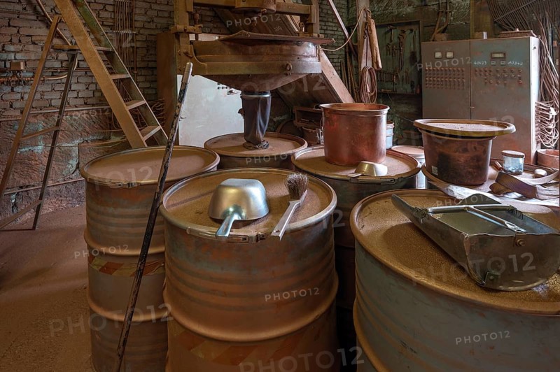 Bins for metal powder in the bronze powder filling room of a metal powder mill, founded in 1900, Igensdorf, Upper Franconia, Bavaria, Germany, Europe