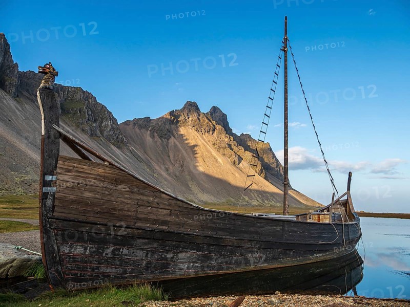Replica of a viking ship, viking village, Stokksnes, east of Höfn, East Fjords, Iceland, Europe