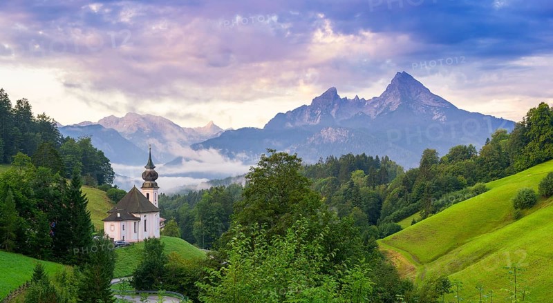 Maria Gern pilgrimage church, view of the Watzmann, in front of sunrise, Berchtesgarden Alps, Berchtesgaden, Berchtesgadener Land, Upper Bavaria, Bavaria, Germany, Europe