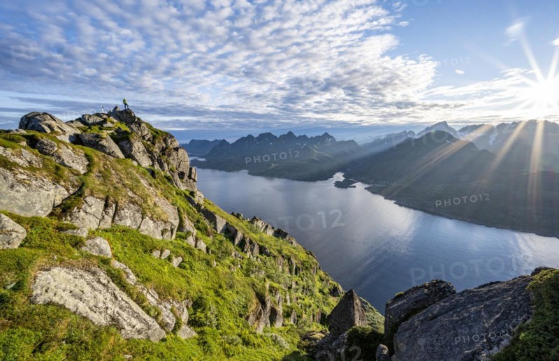 Mountaineer on the summit of Dronningsvarden or Stortinden, behind sea and fjord Umvågsundet, Sonnenstern, Vesterålen, Norway, Europe