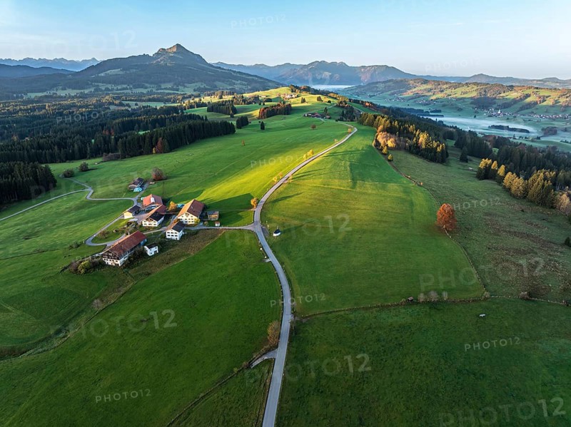 Mountain range near village Wertach, view to mt. Gruenten, sunrise, fog in valley, traditional farm, aerial view, Allgaeu, Bavaria, Germany, Europe