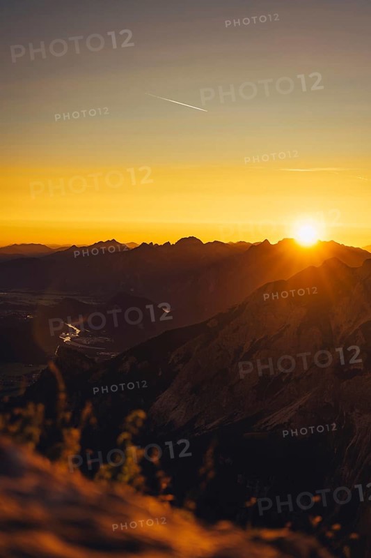 View from the Aggenstein and the foothills of the Alps in Ostallgäu and the Ammergebirge at sunrise, Bavaria, Germany, Europe