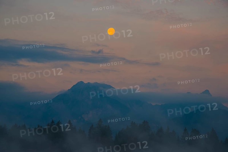 Morning atmosphere at full moon, Hopfensee, near Fuessen, Ostallgaeu, Allgaeu, Upper Swabia, Swabia, Bavaria, Germany, Europe