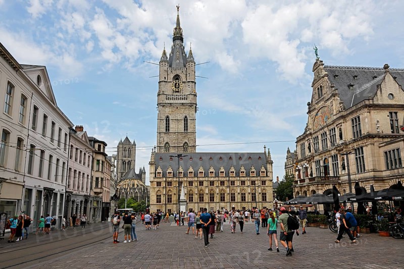 Belfry with Cloth Hall and Ghent National Theatre (right) and St. Nicholas Church (back), UNESCO World Heritage Site, Ghent, Flanders, Belgium, Europe