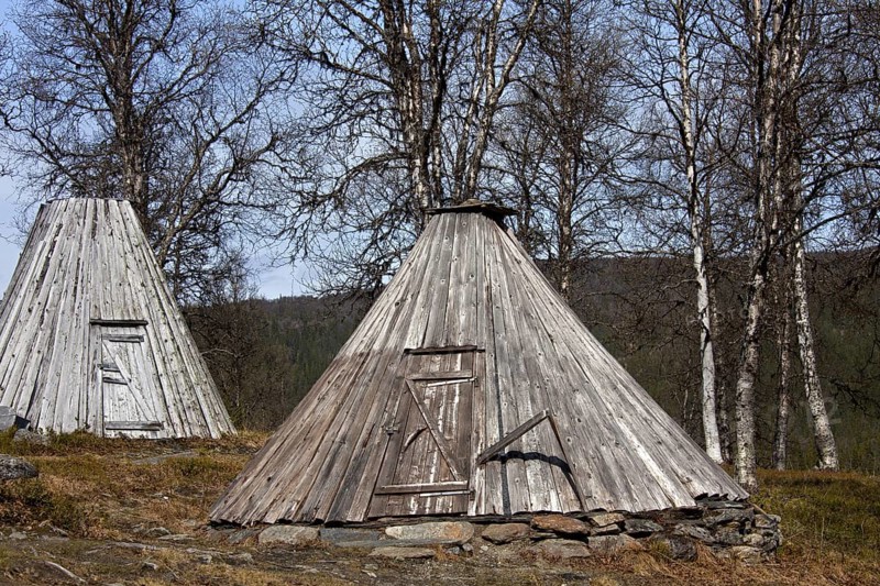 Goahti, kota, Sami wooden huts on the tundra, Lapland, Sweden, Europe