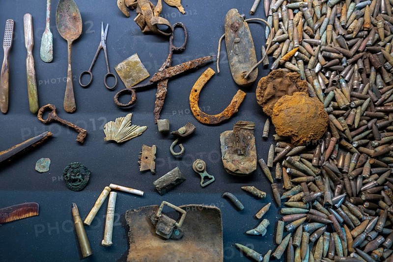 WWI bullets and soldiers personal belongings on display in the In Flanders Fields Museum about World War One at Ypres, Ieper, West Flanders, Belgium, Europe