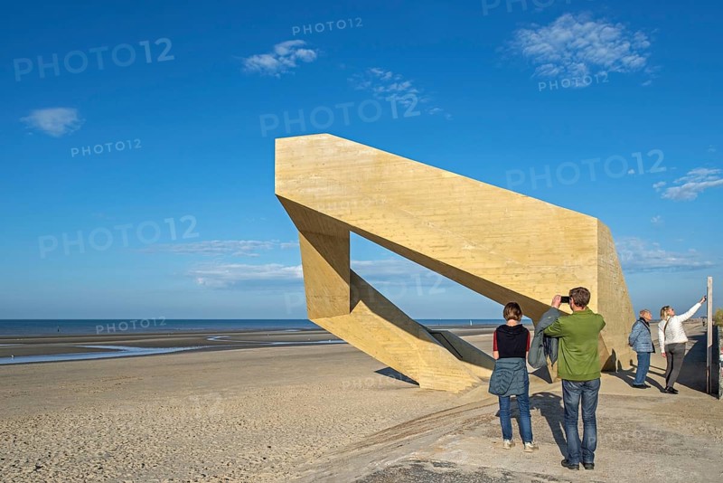 Westerpunt, concrete sculpture on beach along the North Sea coast at seaside resort De Panne, West-Flanders, Belgium, Europe