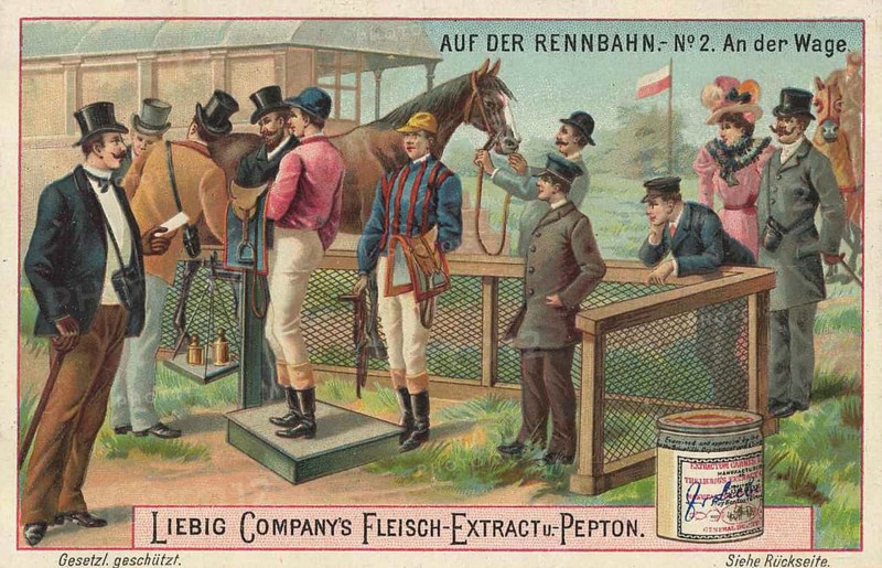 Picture series At the racecourse, An der Waage, Liebig picture, digitally restored reproduction of a collector's picture from around 1900, public domain, exact date unknown, men in elegant clothes watching jockeys and horse on a betting platform