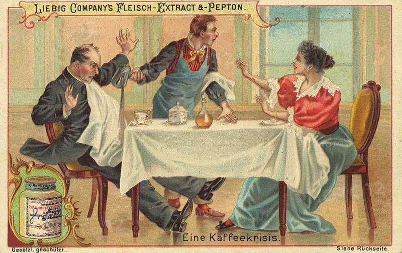 Picture series Scenes from everyday life, A coffee crisis, Waiter pours coffee on the guest, Liebig picture, digitally restored reproduction of a collector's picture from ca 1900, public domain, exact date unknown, Two people react with surprise when the waiter spills coffee