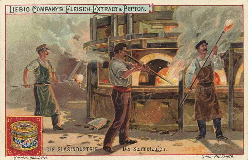 Picture series The Glass Industry, The Melting Furnace, Liebig picture, digitally restored reproduction of a collector's picture from ca 1900, public domain, exact date unknown, glass workers blowing glass in an industrial environment with melting furnaces