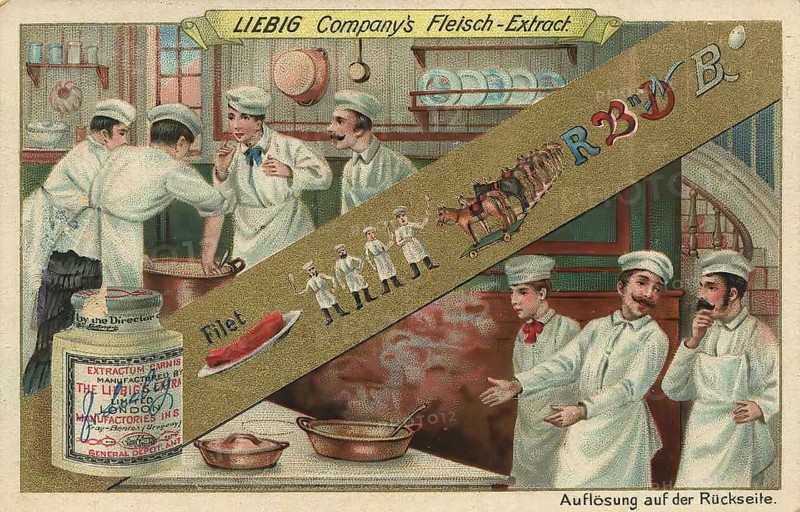 Picture series picture puzzle, many cooks, Liebig picture, digitally restored reproduction of a collector's picture from around 1900, public domain, exact date unknown, A group of cooks working intensively on a large meal in a kitchen