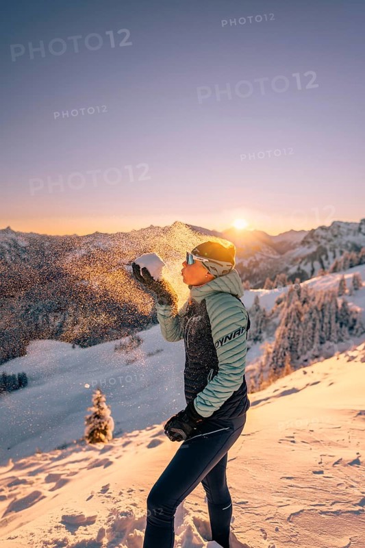 Summit bliss in the snow-covered winter landscape in the Tannheimer Tal in the Alps on the Neunerköpfle, Tyrol, Austria, Europe