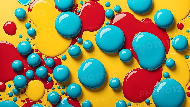 Abstract image with vibrant blue and red blobs and liquid shapes on a yellow background, AI generated