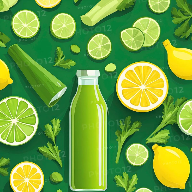 Abstract wallpaper composition with bottle of delicious green detox juice and fruits and vegetables, AI generated
