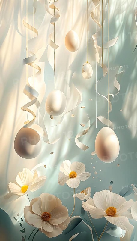 Surreal Easter scene with floating eggs, ribbons, and flowers in a dreamlike, whimsical composition of light and shadow, AI generated