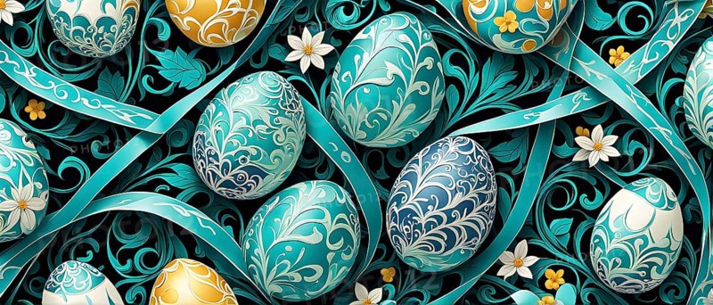 A whimsical abstract pattern with intertwined ribbons, eggs, and floral motifs, with a mix of sharp and soft lines creating depth, AI generated
