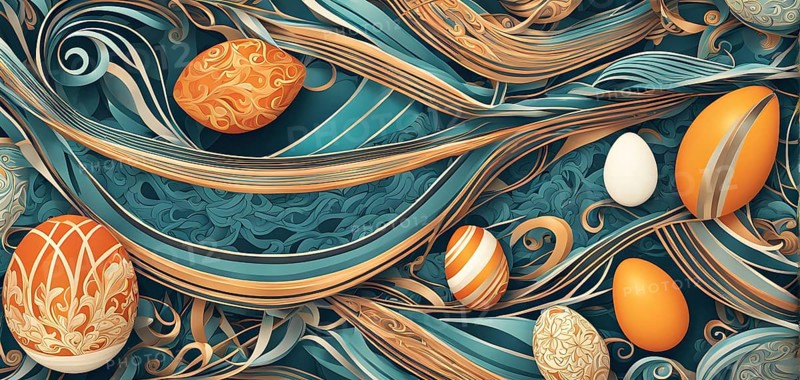 A whimsical abstract pattern with intertwined ribbons, eggs, and floral motifs, with a mix of sharp and soft lines creating depth, AI generated