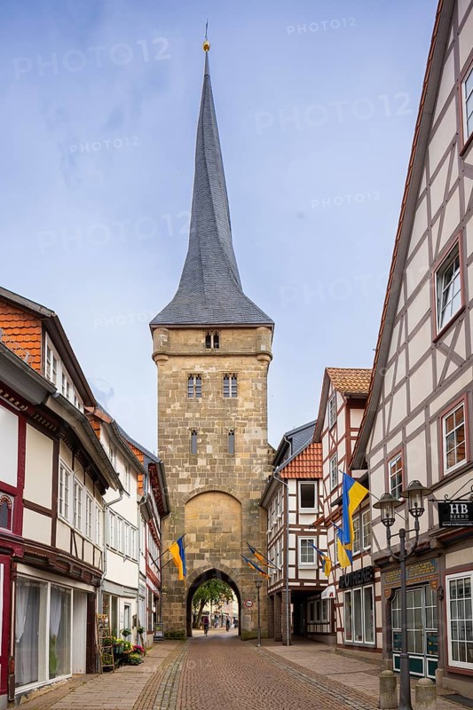 Duderstadt is a town and independent municipality in the district of Göttingen in south-eastern Lower Saxony. The predominantly medieval townscape is characterised by around 600 town houses of various styles - mainly half-timbered houses, The Westerturm tower with its twisted spire is the town's landmark, Duderstadt, Duderstadt, Lower Saxony, Germany, Europe
