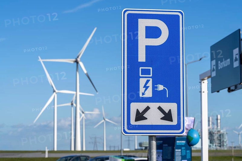 Electric car fast charging station, from the Dutch provider PowerGo, in the ferry harbour of Eemshaven, powered by renewable energy, Netherlands