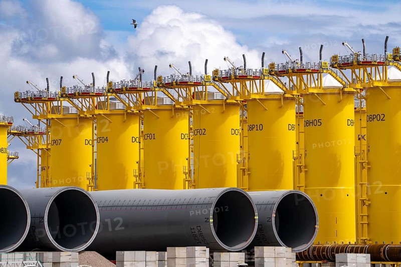 SIF Offshore Foundaitons, production of foundations, monopiles, for offshore wind turbines, the wind turbines are assembled on these pipes, which are installed in the seabed at a depth of up to 60 metres, production plant in the seaport of Rotterdam, Maasvlakte, Rotterdam Netherlands