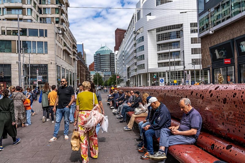 Grote Marktstraat, shopping street, long bench, pedestrian zone, in the city centre of The Hague, Netherlands