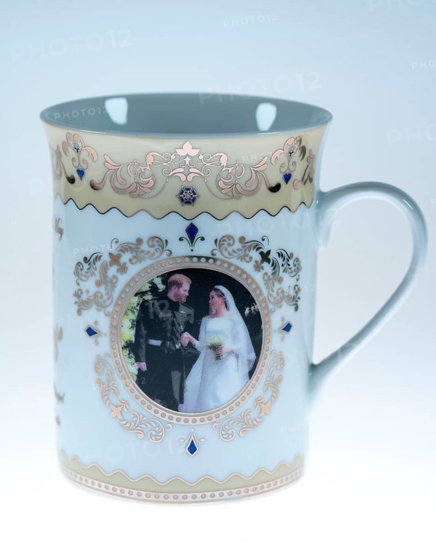 Souvenir mug for the wedding of Prince Harry and Meghan Markle, on 19 May 2018 at Windsor Castle, British royals