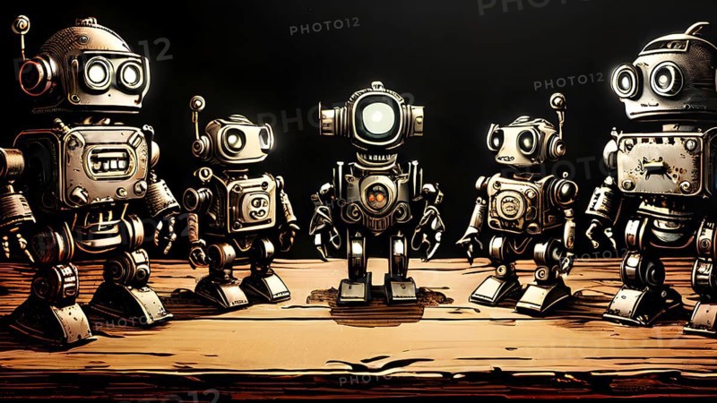 Team of robots styled as vintage toys poised atop an antique wooden table, AI generated