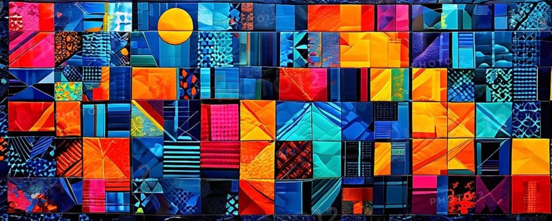 Abstract geometric patchwork illustration with vibrant intersecting geometric shapes filled with digital pattern, AI generated