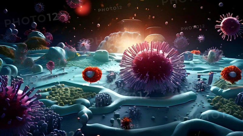 3d illustration of bacteria molecule in the backdrop conception of the humane immune system, AI generated