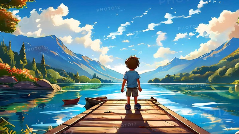 Cartoon vector illustration of a teen boy at a tranquil mountain lake, AI generated