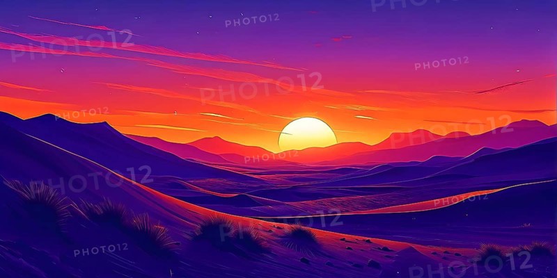 Abstract illustration of a sunset over a desert landscape in vivid and vibrant colors, AI generated