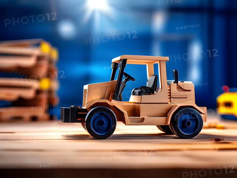 Vintage wooden forklift toy with a playful design in front of blurred background, AI generated