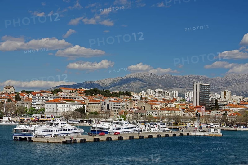 Passenger ferries and parts of the city centre, skyscrapers and mountains, Split, Dalmatia, Mediterranean Sea, Croatia, Europe