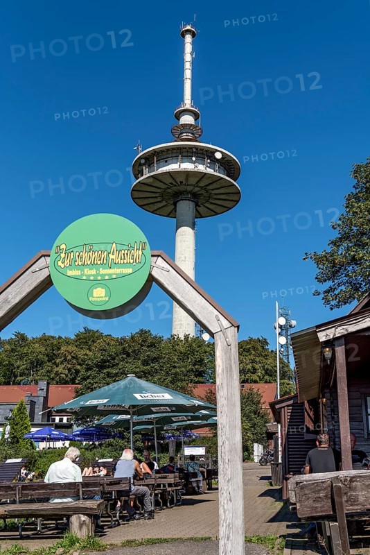 Telecommunications tower of Deutsche Telekom, transmission tower with antennas, kiosk, snack bar with terrace, viewpoint at the summit, Hoherodskopf mountain, excursion destination, Schotten, Vogelsberg Volcano Region nature park Park, Hesse, Germany, Europe