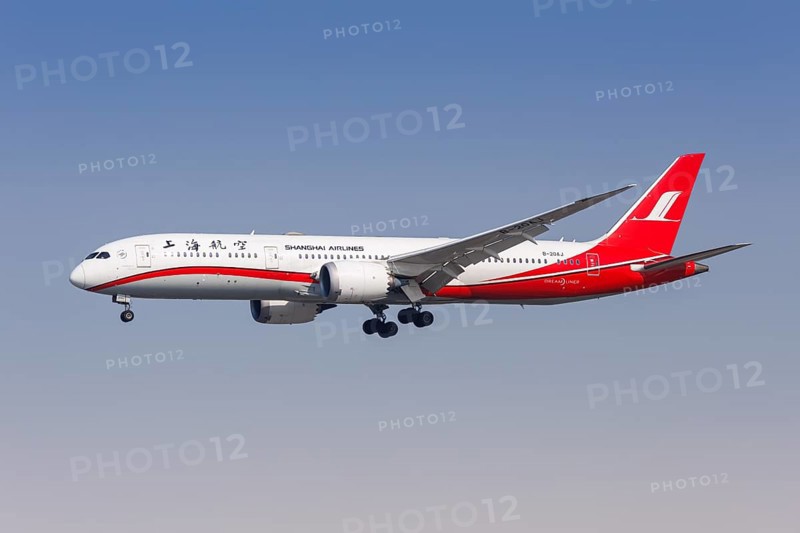A Boeing 787-9 Dreamliner aircraft of Shanghai Airlines with the registration number B-20AJ at Hongqiao Airport (SHA) in Shanghai, China, Asia