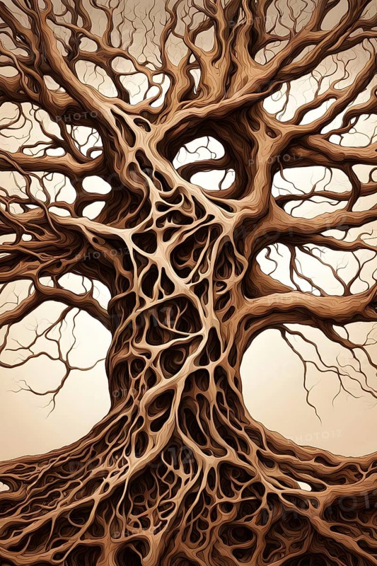 Abstract illustration depicting the branching patterns of tree roots representing natural optimization in structural engineering, AI generated