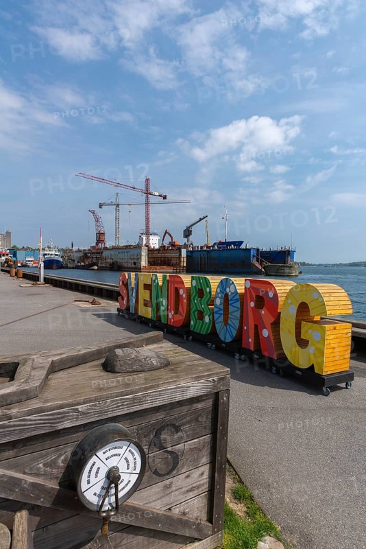 Maritime Svendborg, shipyard, cranes, dock, Frederiksø, Frederiks Island in the harbour, colourful lettering, Great Belt, Baltic Sea, Fyn, Fyn Island, Denmark, Europe