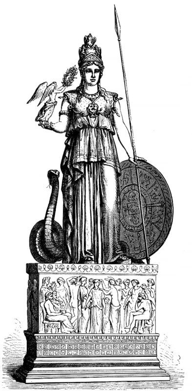 Pallas Athena, goddess of the city of Athens, jewellery, crown, statue with pedestal, snake, lance, laurel wreath, smell in antiquity, historical illustration ca. 1890