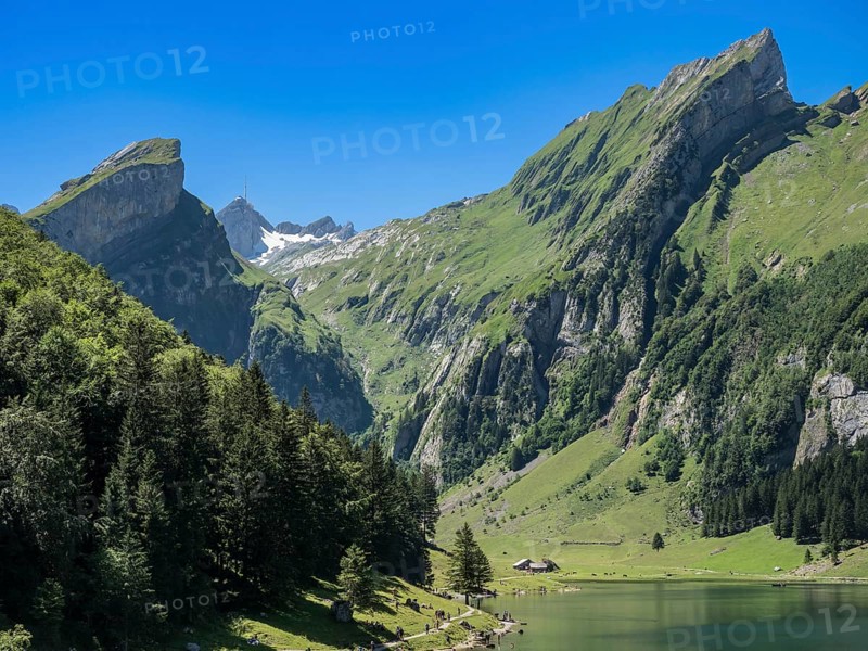 Lake Seealpsee, Alpstein mountain range near Wasserauen, peak of Mt. Säntis in the back, Appenzell, Switzerland, Europe