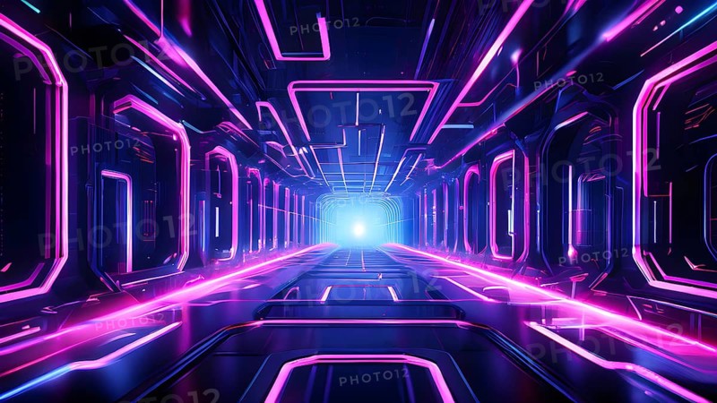Abstract geometric pattern tunnel structure embodying data streams and communication in magenta hues, AI generated