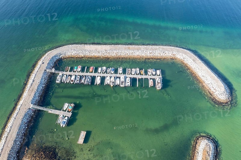 Aerial view of the marina at village Skaland, Senja island, Norway, Europe