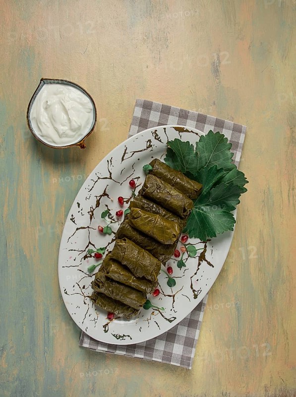 Dolma, cabbage rolls in grape leaves, Traditional Armenian dish, with white sauce, top view, close-up, selective focus