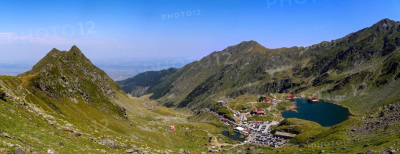 Romania: Lake Balea (Romanian: Balea Lac) from above. The lake is located at the summit of the Transfogarasch High Road in the Fogarasch Mountains on the border between Transylvania and Wallachia and is a popular excursion destination